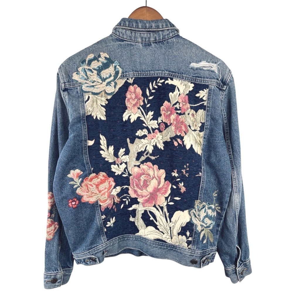 Guess Womens Embroidered Floral Denim Jacket M Blue Brocade Distressed Fall